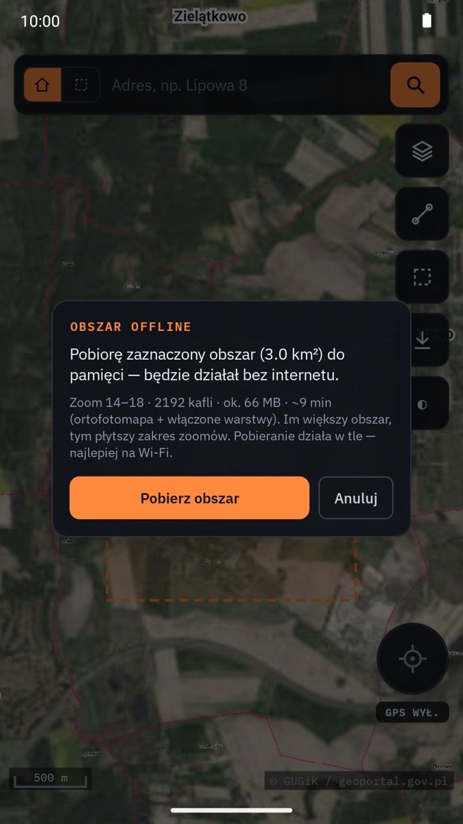 Pobieranie obszaru mapy do pamięci offline