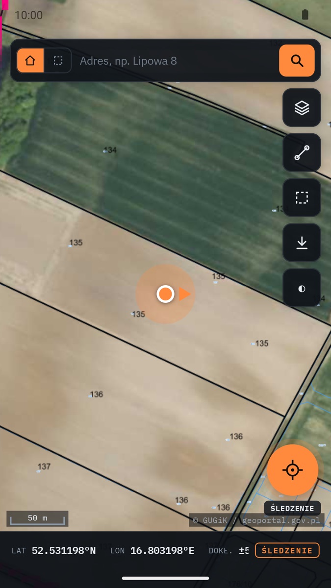 Śledzenie GPS na mapie działek